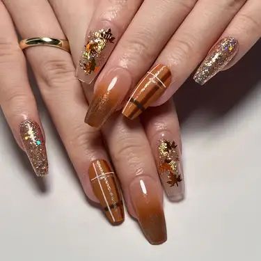 Fall Nail Inspo Dip Powder, Press On Nails Fall, Long Coffin Fall Nail Designs, Fall Tortoise Shell Nails, French Nails For Fall, Sparkly Thanksgiving Nails, Fall Nail Acrylic Designs, Copper Nails For Fall, Autumn Acrylic Nail Designs