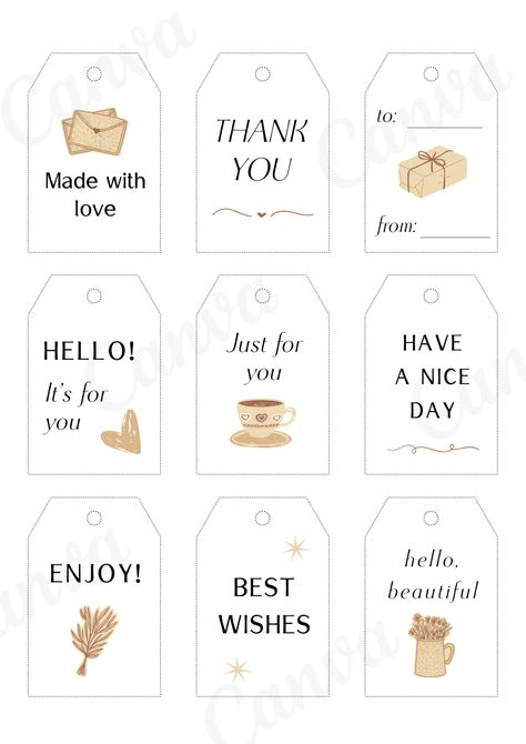 Click on the image to access this free template and edit it in the Canva app. gift tags printable, gift tags ideas, free printable gift tag, thank you tag, thank you card, gift tag set, cute gift tag, beige gift tag, easthetic gift tag, handmade promotion, slogan card Thank You Tags Printable Free Editable, Beige And White Aesthetic, White Aesthetic Quotes, Gift Tags Ideas, Wedding Illustrations, Thank You Tag Printable, Tags Ideas, Tagging Quotes, Tag Templates