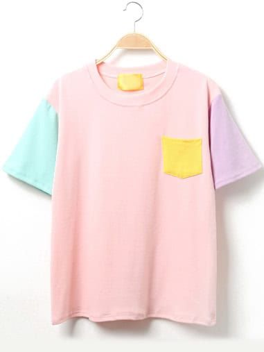 Color Block Short Sleeve T-Shirt With Pocket Color Block Shirts, Pastel Fashion, Kitenge, Sweatshirt Outfit, Cropped Sweatshirt, Kawaii Clothes, Fashion Kids, Women's Summer Fashion, Kawaii Fashion