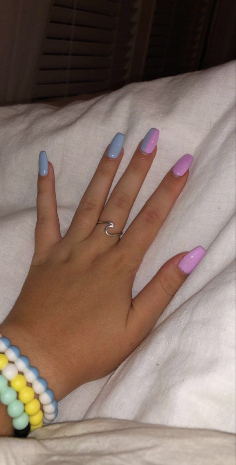 Pink And Blue Nails Design Simple, Light Pink And Blue Nail Design, Nails With One Accent Nail, Two Different Colored Nails On Each Hand Blue And Pink, One Hand Pink And One Hand Blue Nails, Pink Snd Blue Nails Acrylic, Pink Purple Blue Nails, Pink Purple Blue Nails Acrylic, Pink And Blue Nails