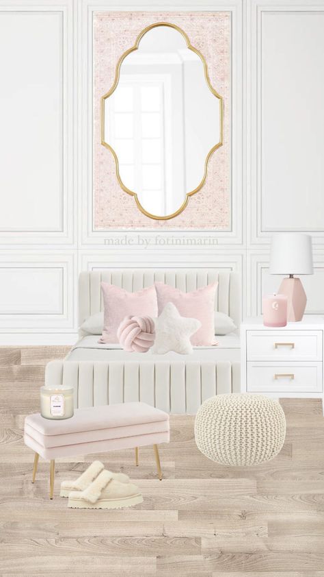 Pink Pastel Room, Light Pink Preppy Bedroom, Elegant Pink Bedroom, Pink Bedroom Inspirations, Bedroom Inspo Preppy, Pink And Gold Bedroom Ideas, Minimalist Pink Bedroom, Pink Costal Granddaughter Room, Pink And Gold Preppy Room