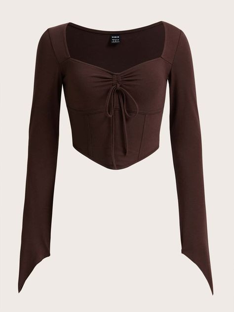 Chocolate Brown Casual Collar Long Sleeve Knitted Fabric Plain  Embellished Slight Stretch  Women Tops, Blouses & Tee Dark Brown Clothes, Brown Clothes, Chocolate Clothes, Brown Tops, Brown Shirt, Different Dresses, Brown Top, Hippie Outfits, Women T Shirts