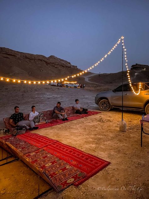 A camp in the desert with red carpets and fairy lights, Edge of the World Riyadh Founding Day, Magical Days, Edge Of The World, Riyadh Saudi Arabia, Red Carpets, Riyadh, In The Desert, The Desert, Fairy Lights