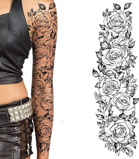 Full Arm Flower Tattoo Floral Sleeve, Voll Arm-tattoos, Temporary Tatoo, Fake Tattoo Sleeves, Christian Sleeve Tattoo, Rose Tattoo Sleeve, Full Leg Tattoos, Female Body Art, Arm Temporary Tattoos