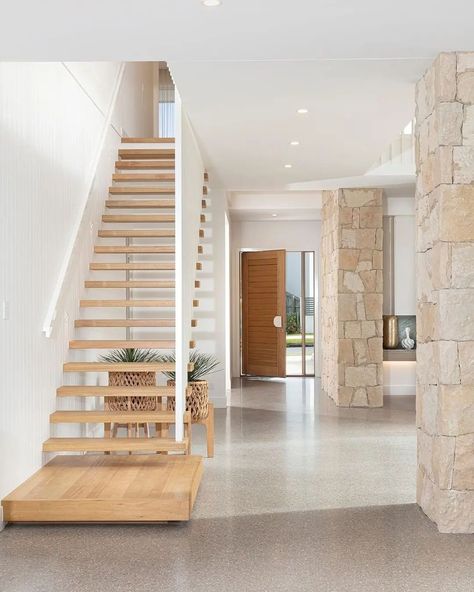 Concrete Floors In House, Coastal Home Exterior, Beach House Flooring, Spa Like Bathrooms, Timber Stair, Contemporary Beach House, Timber Staircase, Contemporary Coastal, Modern Exterior House Designs