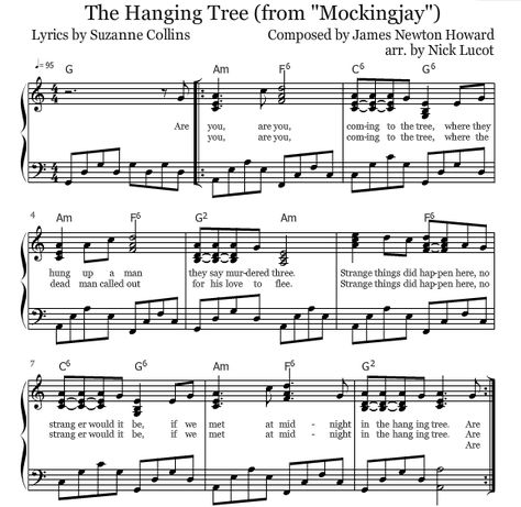 Mockingjay: The Hanging Tree Piano Sheets. The Hunger Games Mockingjay Part 1 OST. As sang by Jennifer Lawrence.  Composed by James Newton Howard and The Lumineers. Hunger Games Sheet Music, Hanging Tree Piano, The Hanging Tree, Free Piano Sheets, The Hunger Games Mockingjay, Clarinet Sheet Music, Blues Piano, Hunger Games Mockingjay, The Lumineers