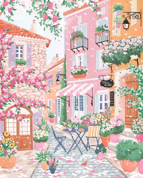 Simply Katy Illustration, Colourful Houses Painting, South Of France Wallpaper, Hampers Design, Simply Katy, Colourful Drawing, France Illustration, Colourful Aesthetic, Positive Prints