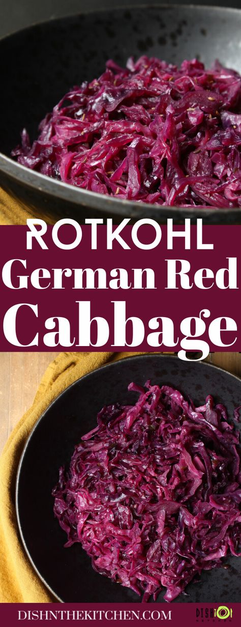 This Braised German Red Cabbage (Rotkohl) is an easy side dish made of red cabbage. This sweet, tart favourite makes a great side for any German meal, grilled or roasted meats, or fish. #redcabbage #braisedcabbage #Germancuisine #sides #sidedish #Rotkohl Authentic German Red Cabbage Recipe, German Meals Traditional, German Coleslaw Recipe, German Spaghetti, German Red Cabbage Recipe, Apples And Cabbage Recipe, German Meals, German Red Cabbage, German Side Dishes