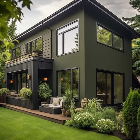 4+ Cool Green Exterior Paint Palettes for Modern Homes • 333k+ Inspiring Lifestyle Ideas Exterior Green House Paint, Jade Green House Exterior, Green And Black Exterior House, Green Modern Exterior, Army Green House Exterior, Olive Green House Exterior Ideas, Exterior Color Palette Modern, Olive Color House Exterior, Modern Home Exterior Color Schemes