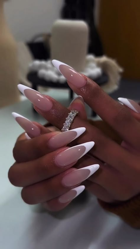 😍😍 Trendy Nails Long Almond, Neon Nail Ideas Bright Colors Dip, Xl Almond Acrylic Nails, Stiletto Almond Nails Designs, White French Tip Nails Stiletto, Long Almond Acrylic Nails French Tip, French Tip Long Almond Nails, Long Almond Nails French Tip, Pointy French Tip Nails