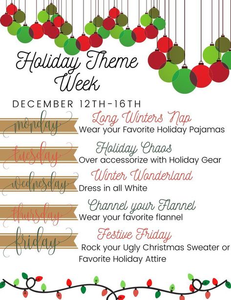 Get into the festive spirit with our engaging Christmas Spirit Week Ideas for School and Work Events! Delight your students and colleagues with creative themes like Christmas Spirit Days, Office Christmas Themes, and Preschool Spirit Week activities. Instantly download fun ideas that boost camaraderie and holiday cheer! Perfect for every workplace and classroom. Elevate your holiday celebrations now!   #ChristmasSpiritDays #ChristmasWorkThemeDays #HolidaySpiritWeek Work Holiday Spirit Week Ideas, Christmas Work Theme Days, Christmas Spirit Week School, Christmas Spirit Days School, Work Christmas Theme Ideas, Christmas School Spirit Week Ideas, Christmas Spirit Week Ideas For Daycare, Christmas Themed Spirit Week, Holiday Spirit Week Ideas School