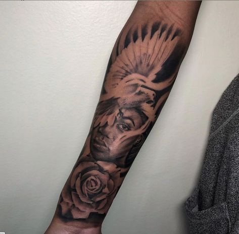 Black and grey half sleeve memorial with dove rose and portrait Hon Tattoo Memorial Portrait Tattoo, Memorial Tattoo Sleeves, Portrait Tattoo Ideas, Portrait Tattoo Sleeve, Dove Tattoos, Christian Sleeve Tattoo, Realism Tattoos, Memorial Portrait, Favorite Tattoos