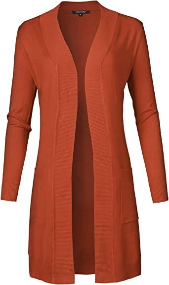 Solid Soft Stretch Long-line Long Sleeve Open Front Knit Cardigan Rust Size S at Amazon Women’s Clothing store Women's Cardigans, Knit Edge, Comfortable Clothes, Red Accessories, Line Light, Knitting Women Cardigan, Open Front Cardigan, Amazon Women, Navy Color