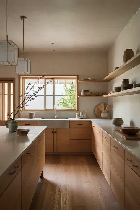 25 Japandi Kitchen Ideas to Transform Your Home - Guyo's Guide Shinnoki Kitchen, Japanese Kitchen Aesthetic, White Japandi Kitchen, Japandi Kitchen Cabinet Design, Parquet Kitchen Floor, Japandi Kitchen Backsplash, Japandi Kitchen Floor Tiles, Modern Japanese House Kitchen, Japandi Kitchen Cabinet