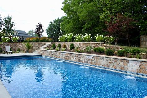 Retaining Wall For Pool, Pool Landscaping With Retaining Wall, Pools With Retaining Walls Design, Inground Pool With Retaining Wall, Pool Retaining Wall Ideas, Pool With Retaining Wall Sloped Backyard, Pools With Retaining Walls, Pools With Retaining Walls Sloped Backyard, Outdoor Feature Wall Ideas