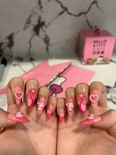 Pink My Melody Nails, My Melody Short Nails, Sanrio Nails Acrylic My Melody, My Melody And Kuromi Nails, My Melody Nail Art, My Melody Nails, Circus Nails, Acrylic Nails Almond Shape, Purple Ombre Nails