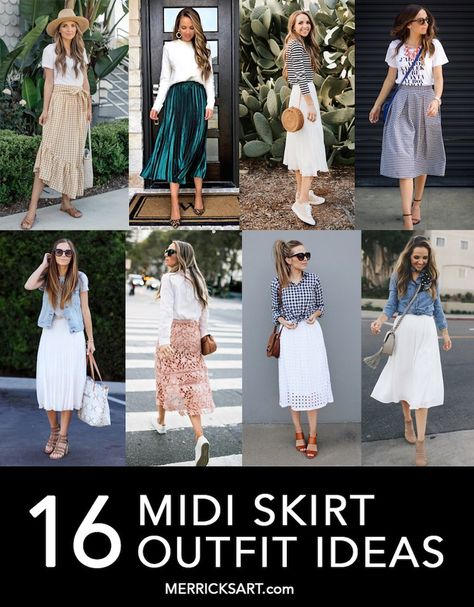 Midi Skirt Outfit | 16 Midi Skirt Outfit Ideas for Every Season Midi White Skirt Outfit Summer, Summer Maxi Skirt Outfits, Pleat Skirt Outfit, Printed Midi Skirt Outfit, Midi Skirt Outfit Casual, Midi Skirt Outfit Ideas, Midi Outfit, Midi Skirt Outfits Summer, Pleated Midi Skirt Outfit