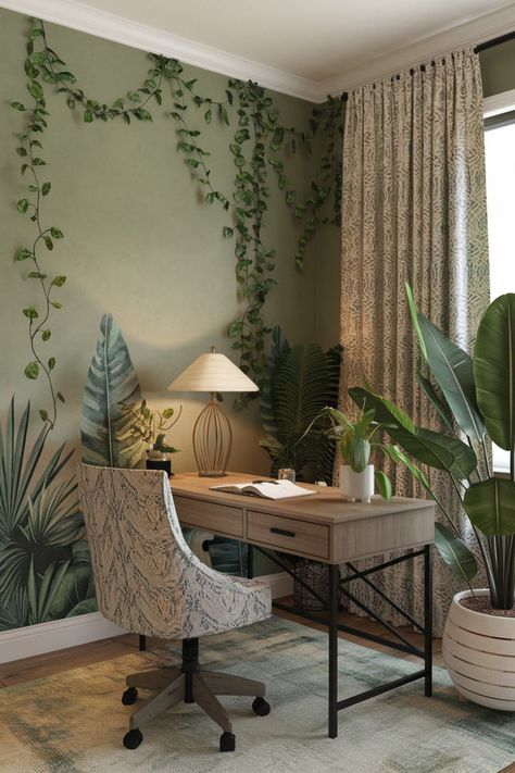 Looking for jungle office inspiration? 🍃 These examples showcase boho jungle decor, jungle theme office decor, and tropical greenery that transport you to nature. 🪴 Try pairing Japandi interiors with jungle theme art for a serene, balanced vibe. 🌴 Want to see how these elements create a jungle-inspired oasis? 🐢🌞🍃 #bohojungle #bohemianhomeoffice #junglethemeoffice #earthyhome #junglehomedecor #safariroomdecor #jungledecor #jungleentrancedecor #jungleroomideas #bohoofficedecoratwork Jungle Theme Office, Nature Inspired Office, Office Jungle, Zen Office Space, Jungle Office, Plant Office Design, Office Decor Boho, Safari Room Decor, Bohemian Home Office