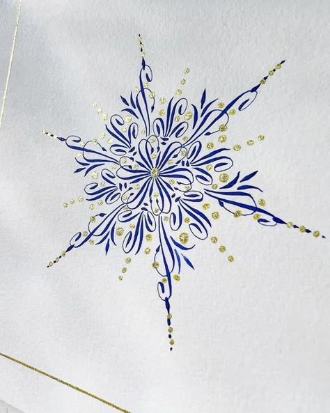 Traci Thompson on Instagram: "✨A Flourished Sparkly ❄️ Snowflake✨ A combination of Flourishing Strokes and Bam! You’ve created a Snowflake! ❄️ Blue Gouache & Pentel Sparkle Metallic Gold Gel Pen. I love how the sparkles give it that extra little pop! You should see it in the sunlight!✨💛✨ . . . . . #pointedpen #pointedpencalligraphy #flourishwithtraci #calligraphy #flourish #flourishing #lefthanded #lefty #leftylettering #snowflake #pentel" Calligraphy Writing Styles, Snowflake Swirl, Flourish Calligraphy, Cardinal Painting, Pointed Pen Calligraphy, Calligraphy Writing, Calligraphy Drawing, Calligraphy Cards, How To Write Calligraphy