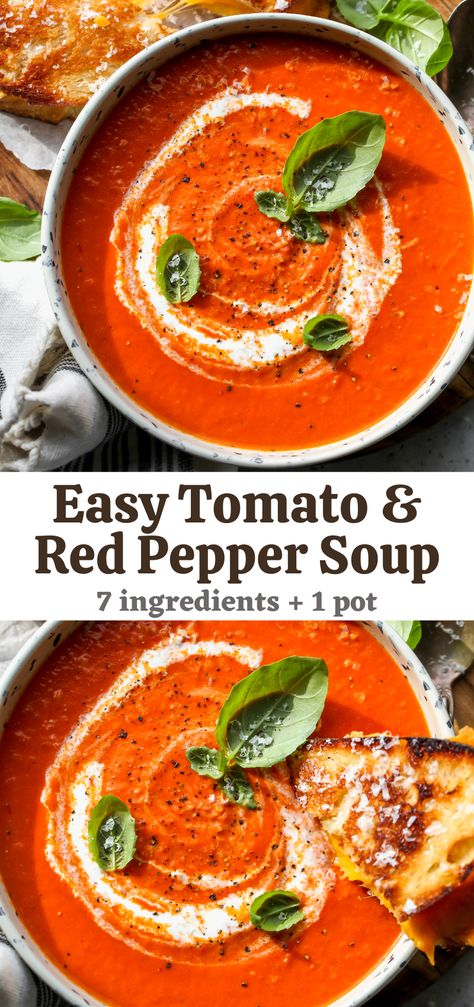 Tomato And Red Pepper Soup, Red Bell Pepper Soup, Tomato Red Pepper Soup, Roasted Pepper Soup, Tomatoe Soup, Easy Tomato Soup Recipe, Bell Pepper Soup, Red Pepper Recipes, Bisque Soup