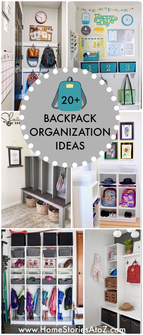 Hallway School Bag Storage, School Bags Storage Ideas, Backpack Station At Home Diy, Home Backpack Storage, School Bag Station At Home, Backpack Spot At Home, School Bag Drop Zone, Backpack Hanging Ideas Classroom, Diy Bookbag Storage