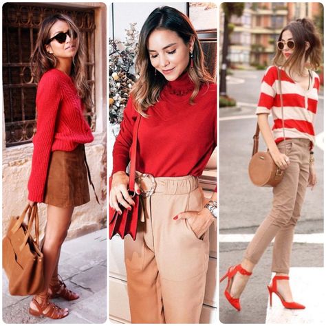 Red And Beige Outfit, Red And Cream Outfit, Outfit Pantalon Rojo, Ghibli Core, Red Shirt Outfits, Red Top Outfit, Khaki Pants Outfit, Beige Hose, Cream Outfit