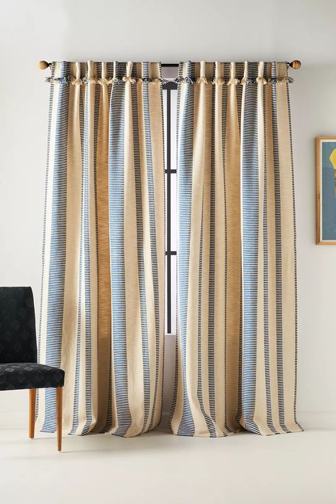 Pieced Stripe Curtain | Anthropologie Striped Curtains Bedroom, Curtain Makeover, Mediterranean Curtains, Bold Curtains, Curtain Photography, Filipino Design, Unique Curtains, Apartment Things, Striped Curtains