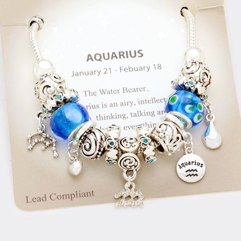 Color : Antique Silver, Aqua Theme : Zodiac Size : 1" H, 7" + 1" L January 21 - February 18 Aquarius _ Multi-Bead Zodiac Sign Charm Bracelet Aquarius Bracelet, January 21, Accessories Unique, Zodiac Sign, Pandora Charm Bracelet, Jewelry Crafts, Antique Silver, Zodiac Signs, Jewelry Box