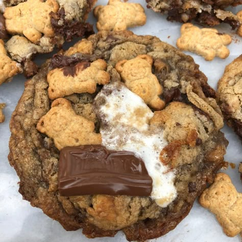 Levain Smores Cookies, Teddy Graham Recipes, Teddy Graham Cookies, S'mores Cookies, Smores Ideas, Smore Cookies, Cookies Levain, Pizza And Ice Cream, Chunky Cookies