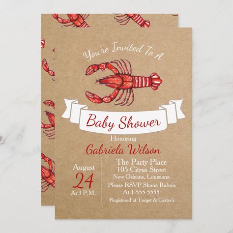 $2.66 | Louisiana Cajun Crawfish Baby Shower Invitation #babyshowerinvitations #louisiana #nola #cajunfrench #cajunbabyshower #neworleans #genderneutralbabyshower #crawfish #crawfishboil #cajuncrawfish Cajun Crawfish, Louisiana Cajun, Butterfly Girl, Crawfish Boil, Ribbon Banner, Party Places, Baby Themes, Floral Butterfly, Oh Deer