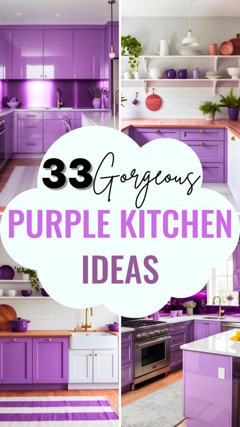 33 Stunning Purple Kitchen Ideas to Add a Royal Touch to Your Cooking Space - Style Zuri Violet Kitchen Ideas, Aubergine Kitchen Cabinets, Purple Cabinets Kitchen, Lavender Kitchen Cabinets, Dark Purple Kitchen, Purple House Interior Ideas, Purple Cupboards, Purple Kitchen Ideas, Purple Kitchen Appliances