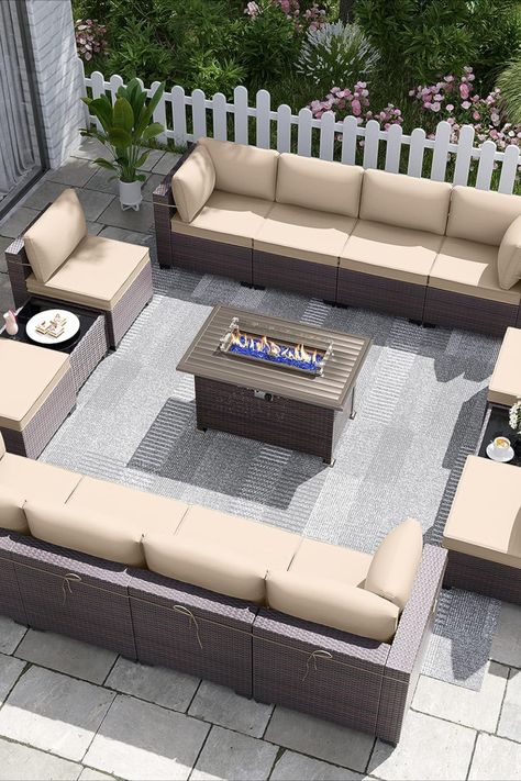 Create a feeling of gathering with this quality patio set. Friends and family love to be together and this is the perfect setting to entertain them.😍 #home #patio #furniture #entertain #guests #fire #pit #table #sectional #luxury Outdoor Sectional Furniture, Sectional Patio Furniture, Patio Conversation Sets, Airbnb Rentals, Gas Fire Pit Table, Sectional Furniture, Gas Fire Pit, Table Glass, Patio Furniture Set