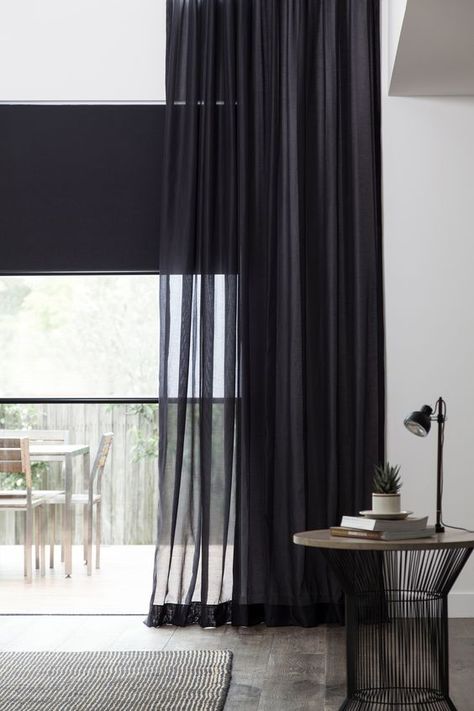 Bedroom Curtains With Blinds, Black Sheer Curtains, Sheers Curtains Living Room, Black Blinds, Ikea Blinds, Indoor Blinds, Sheer Blinds, Patio Blinds, Modern Blinds