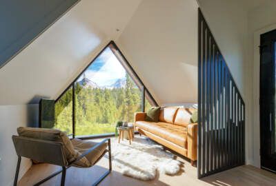 A-Frame Park Model Home | Modern Prefab A-Frame Cabin A Frame Loft, Bunk House Cabin, Modular Log Cabin, Luxury Mobile Homes, Modern A Frame, Cabin Modern, Flat Panel Doors, Birch Cabinets, Park Model Homes