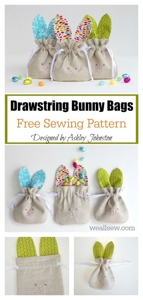 Drawstring Bunny Bags Free Sewing Pattern #Startsewingfreepattern #easysewingproject #easterbunny Sewing Easter Projects, Diy – Velikonoce, Diy Sy, Easter Treat Bags, Bunny Treats, Easter Bags, Bunny Bags, Fabric Sewing Patterns, Costura Diy