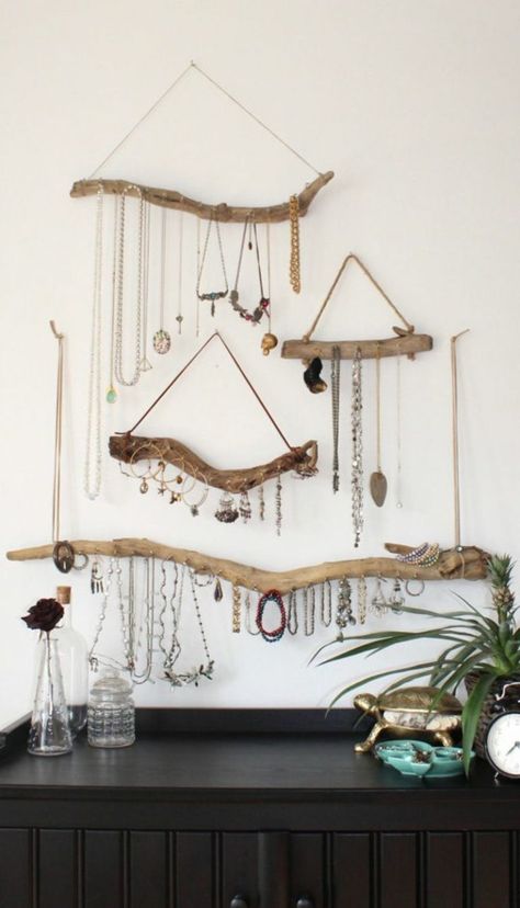 Jewelry Tree Diy, Jewelry Storage Diy, Wall Mount Jewelry Organizer, Driftwood Jewelry, Necklace Storage, Jewelry Hanger, Jewelry Organizer Diy, Hanging Jewelry, Décor Boho