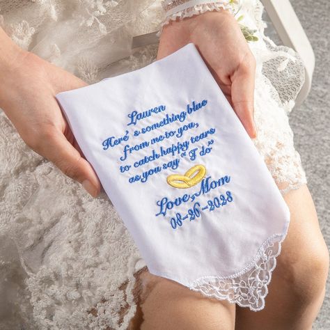 Getnamenecklace Bride Gifts From Mom, Something Blue Wedding Gift, From Mom To Daughter, Wedding August, Personalized Handkerchief Wedding, Embroidered Handkerchief Wedding, Something Blue Wedding, Wedding Handkerchief, Embroidered Wedding