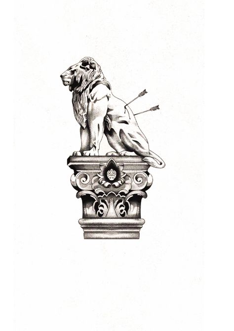 Lion With Arrow Tattoo, Old Lion Tattoo, Roman Lion Tattoo, Tattoo Themes Men, Baroque Art Tattoo, Greek Lion Tattoo, Campus Tattoo, Lion Statue Tattoo, Lionheart Tattoo