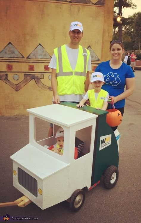 Garbage Men and Recycling Bin Costume Family Garbage Truck Costume, Trash Man Halloween Costume, Garbage Man Halloween Costume For Kids, Garbage Man Costume For Kids, Garbage Truck Wagon, Trash Truck Halloween Costume, Garbage Man Costume, Garbage Truck Costume, Wagon Halloween Costumes