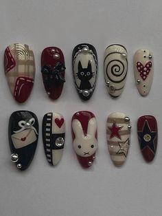 Handmade Press On Nails, Aesthetic Press On Nails, Vintage Nail Art, Bunny Aesthetic, Bunny Nails, Retro Nails, Punk Nails, Vintage Nails, Grunge Nails