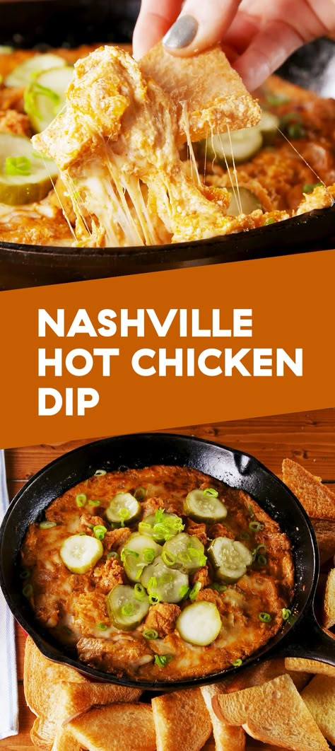 Nashville Hot Chicken Dip is a MUST on game day. Get the recipe at Delish.com. #recipe #easy #easyrecipes #delish #nashville #chicken #dip #cheese #pickles #party #parties #partyfood #apps #appetizer Nashville Hot Chicken Dip, Hot Chicken Dip, Nashville Chicken, Cheese Pickles, Chicken Dip Recipe, Buffet Party, Nashville Hot Chicken, Nashville Hot, Meal Prep Plans