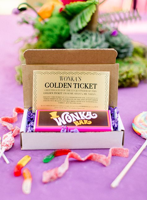 Willy Wonka Birthday Invitations, Golden Ticket Birthday Party, Willy Wonka Party Invitations, Willy Wonka Invitations, Wonka Party Favors, Willy Winks Birthday Party, Wonka Party Games, Willy Wonka Themed Food, Willy Wonka Party Favors