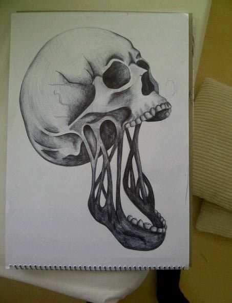 Gcse Art Natural Forms, Skull Surrealism, Distortion Art Drawing, Human Form Art, Human Skull Drawing, Black Pen Drawing, Distortion Art, Biro Drawing, Biro Art