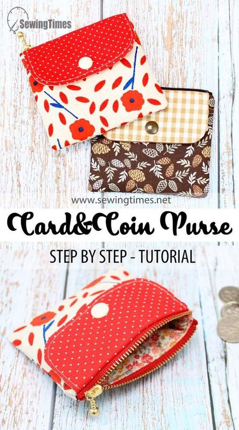 DIY Card & Coin Purse | Small Wallet Coin Pouch Sewing Tutorial [sewingtimes] Card Purse Pattern, Diy Coin Purse Pattern, Quick Sewing Gifts, Diy Coin Purse, Diy Pouch, Coin Purse Pattern, Coin Purse Tutorial, Wallet Sewing Pattern, Pouch Diy