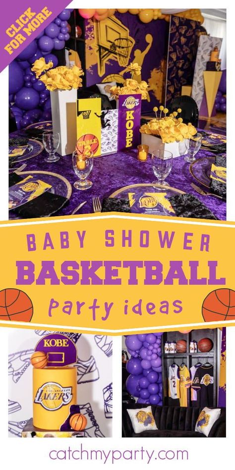 La Lakers Birthday Party Decor, Lakers Party Decorations, Lakers Party Ideas, Lakers Baby Shower Theme, Lakers Birthday Party Ideas, Basketball Theme Baby Shower Ideas, Lakers Themed Birthday Party, Basketball Baby Shower Ideas, Lakers Birthday Party