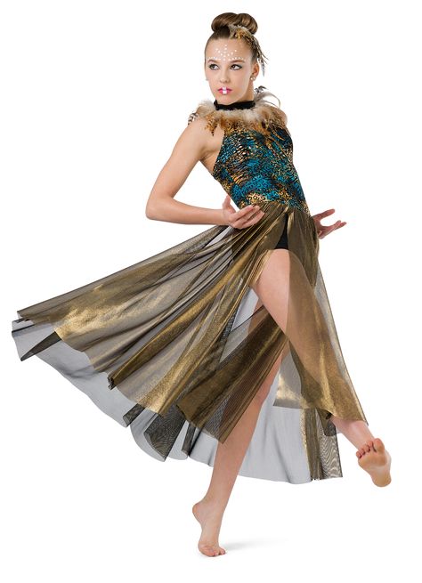 Metallic graphic print and black spandex shortie unitard with adjustable straps. Attached feather neck ruffle and gold net panel skirt.  Feather headpiece included  #dancecostumes #dance #dancerecital #costumegallery #noveltydance Jazz Dance Outfits, Peter Pan Costumes, Dance Recital Costumes, Twirling Dress, Dance Costumes Dresses, Dance Competition Costumes, Lyrical Costumes, Modern Costumes, Panel Skirt