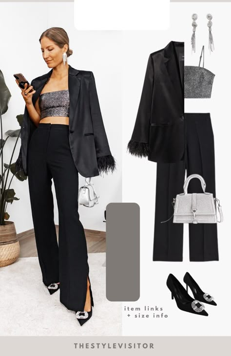 Glitter Pants Outfit, Outfit Soiree, Outfit Navidad, Sparkly Outfit, Sparkle Crop Top, Faux Fur Lined Coat, Jersey Crop Top, Glitter Pants, Black Pants Outfit