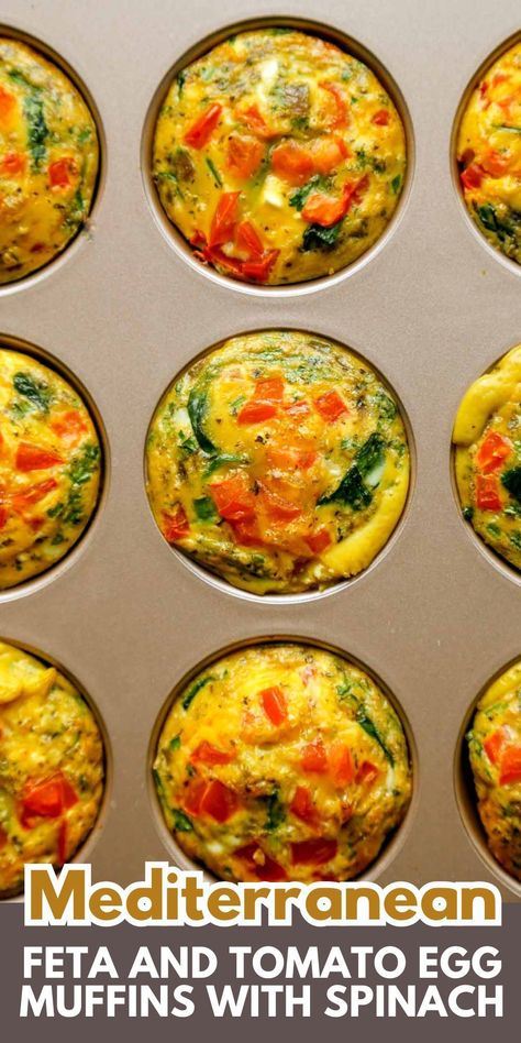 These egg muffins are simple to make and bursting with fresh flavor. They feature Greek feta, ripe tomatoes, and herbs, making them perfect for any weekend brunch or make-ahead breakfast. #eggmuffins #breakfast #glutenfree #cleaneating #healthybreakfast Mediterranean Egg Muffins, Mediterranean Diet Omlet, Mediterranean Breakfast Egg Muffins, Mediterranean Recipes Breakfast Mornings, Mediterranean Breakfast On The Go, Quick Mediterranean Breakfast Ideas, Breakfast Brunch Recipes For A Crowd, Muffin Tin Frittata Recipes, Mini Meals Ideas Healthy