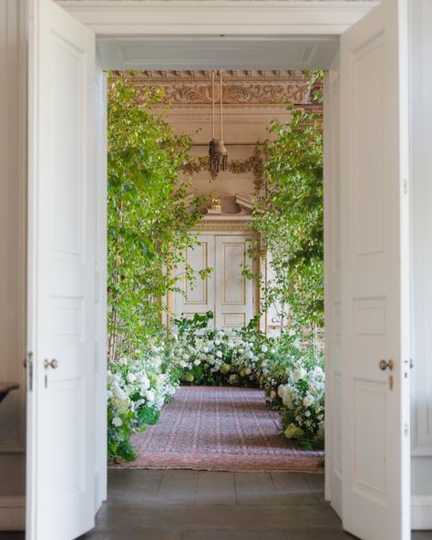 Whimsical green and white wedding flowers with trees at St Giles Champagne Display, Green And White Wedding Flowers, Luxury Wedding Flowers, Green And White Wedding, Luxury Florists, English Garden Wedding, Dorset England, St Giles, English Wedding