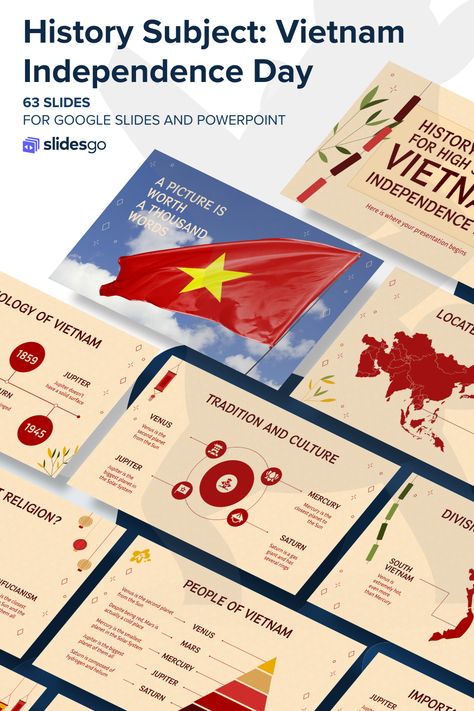 History Subject for High School: Vietnam Independence Day History Template Powerpoint, Country Presentation Ideas, Canva History Template, History Presentation Design, History Powerpoint Templates, Vietnam Independence Day, History Template, Independence Day History, History Presentation